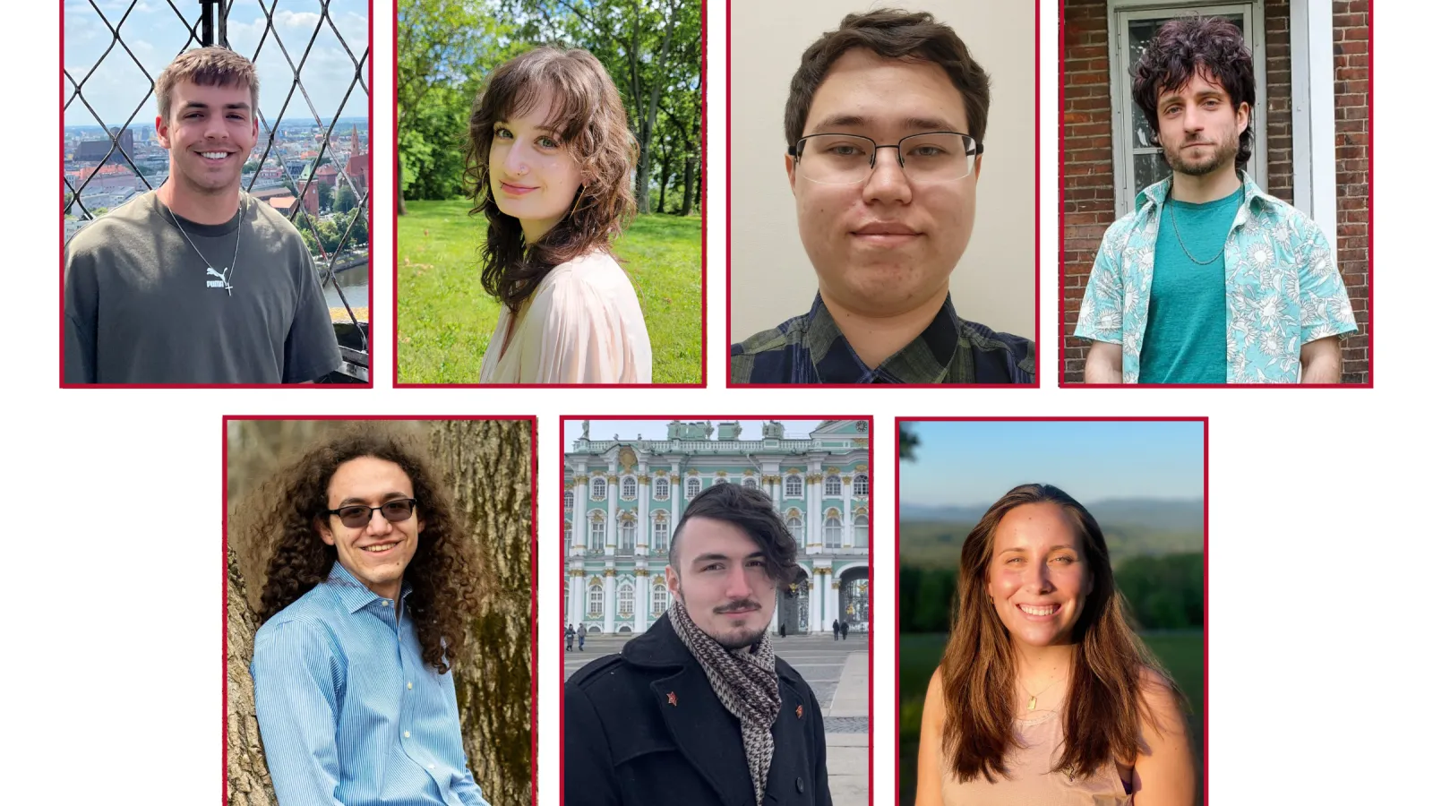 Top row left to right: Luke Bendick, Eleanor Grazier, Christopher Leger, and Clayton Marr. Bottom row left to right: Liam Martin, Andrey Ridling, and Siobhan Seigne.