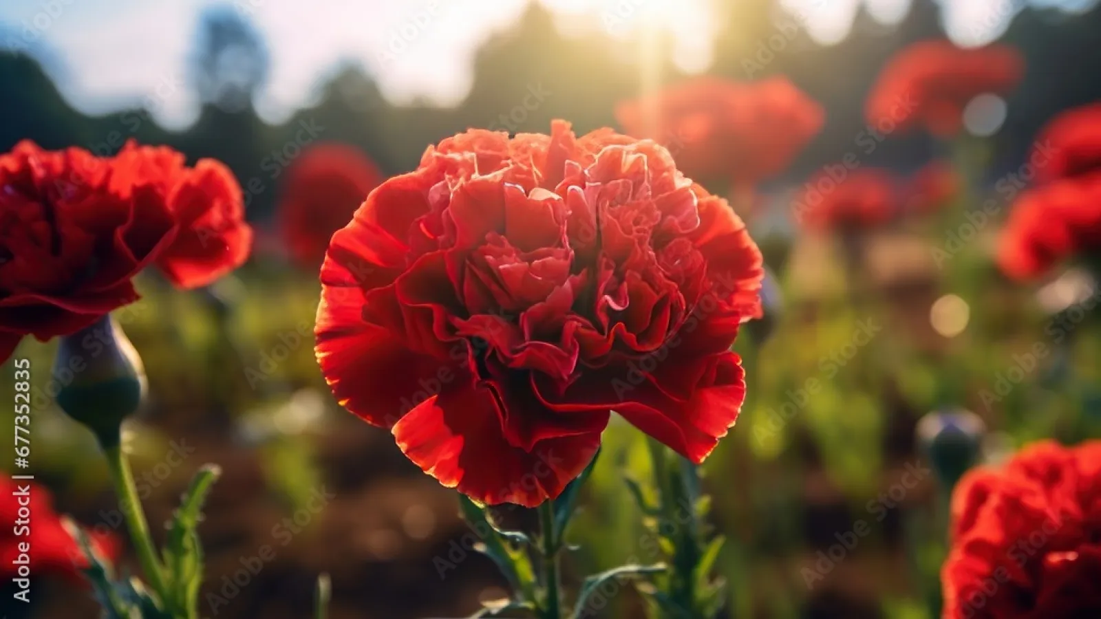 Red carnations in a field