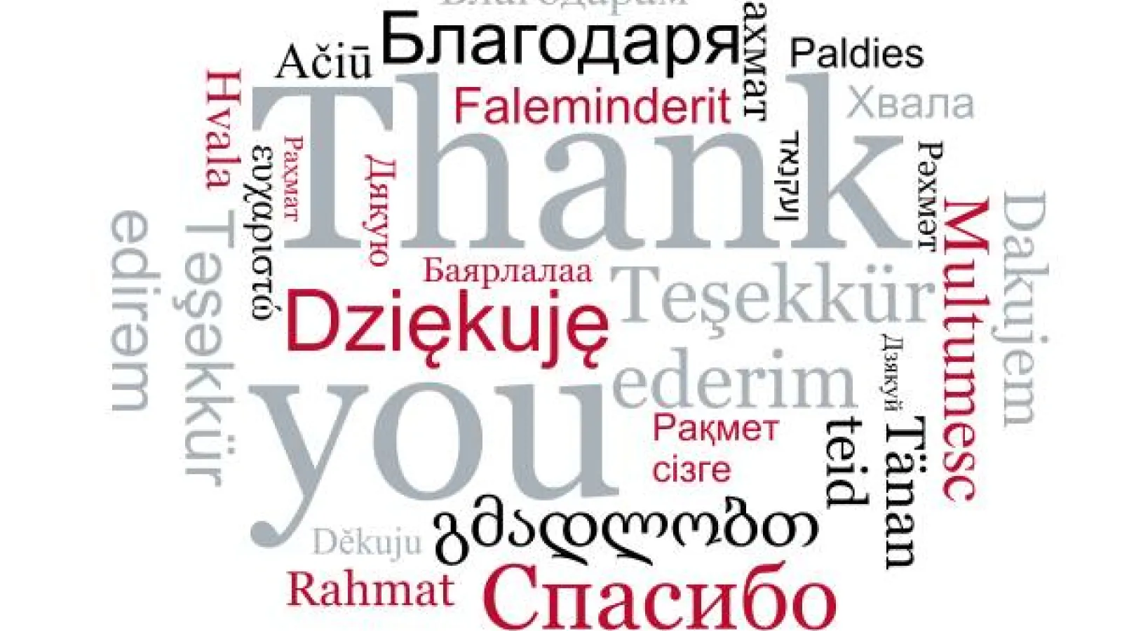 A "word cloud" of the words "thank you" in multiple languages of Eastern Europe and Eurasia