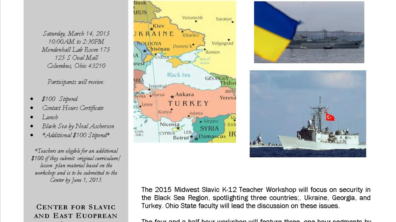 Flyer with map of Black Sea region in background and military ships at sea